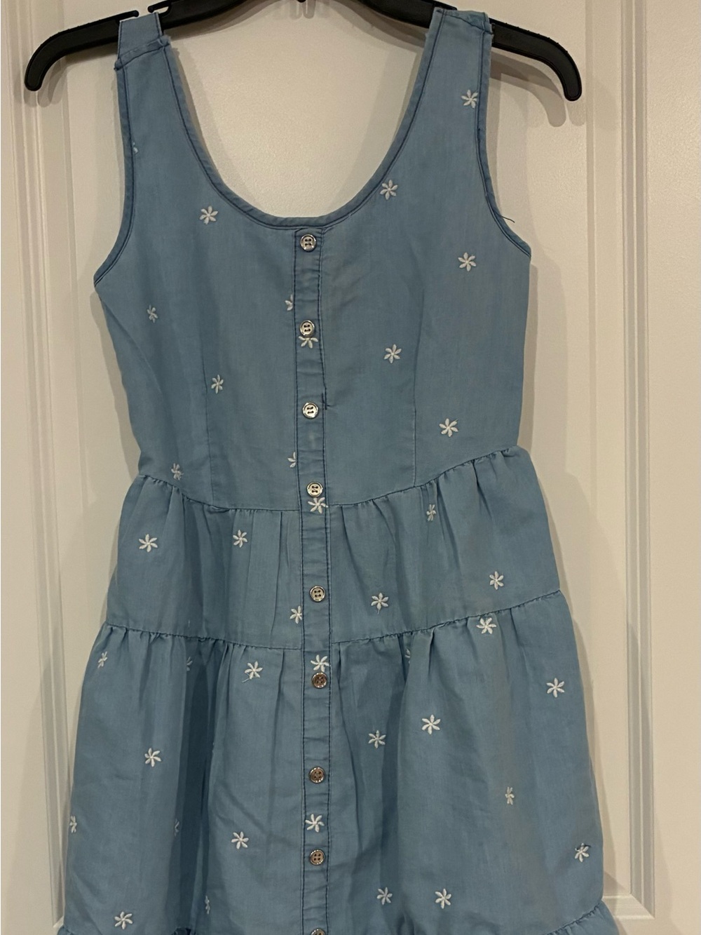 bloom Light Blue Embroidered Button-Front Tiered Dress